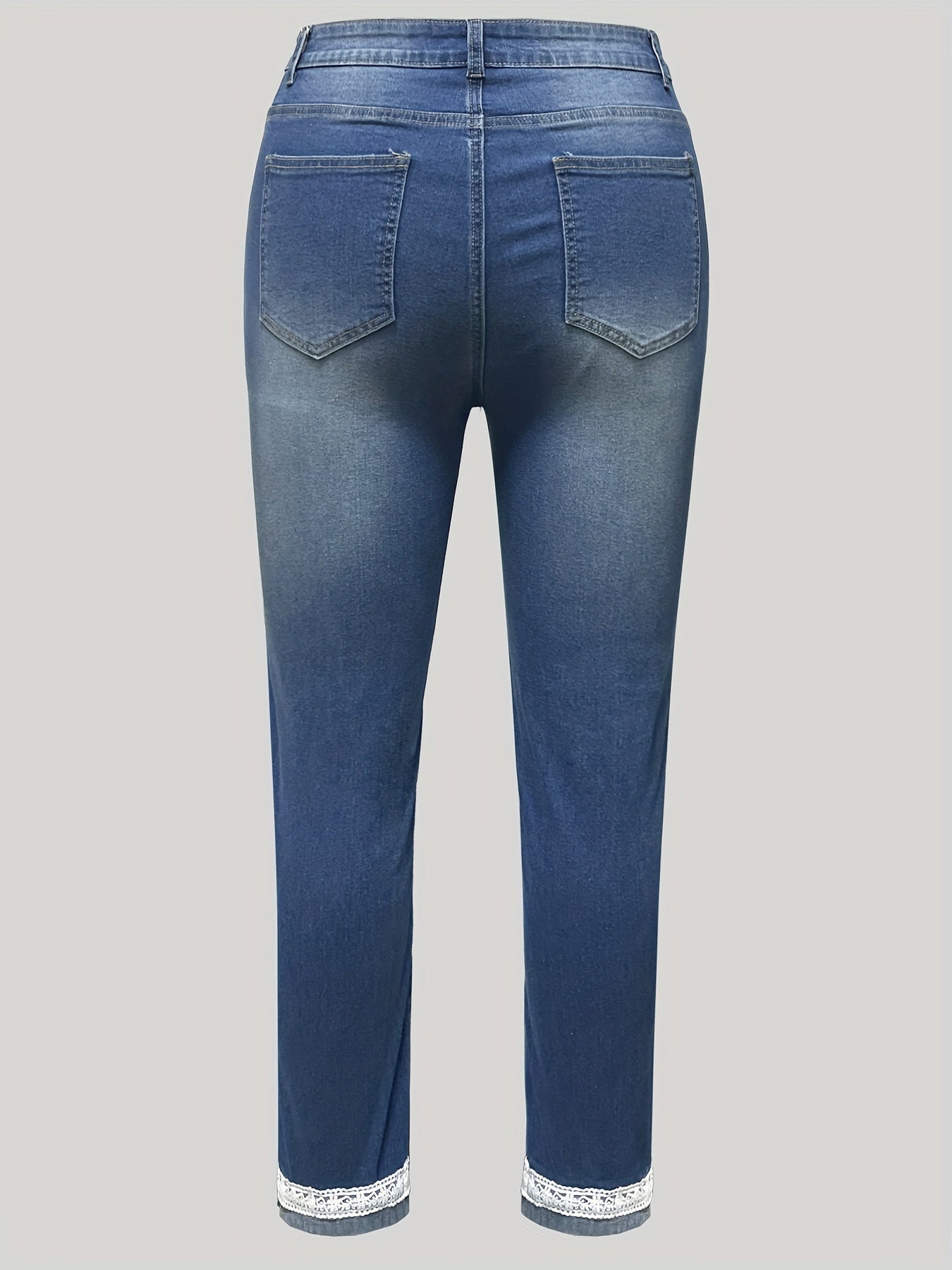 Women's Plus Size Floral Patchwork Lace Denim Pants with Contrast Hem