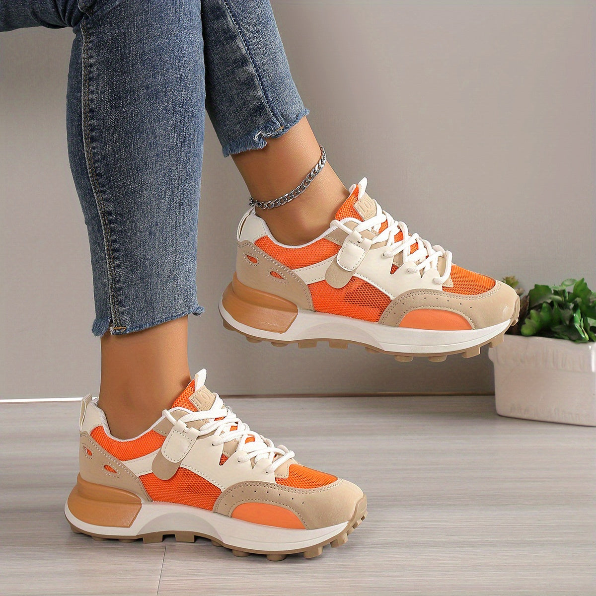 Women’s Colorblock Casual Sneakers, Lace Up Low-Top Breathable Trainers