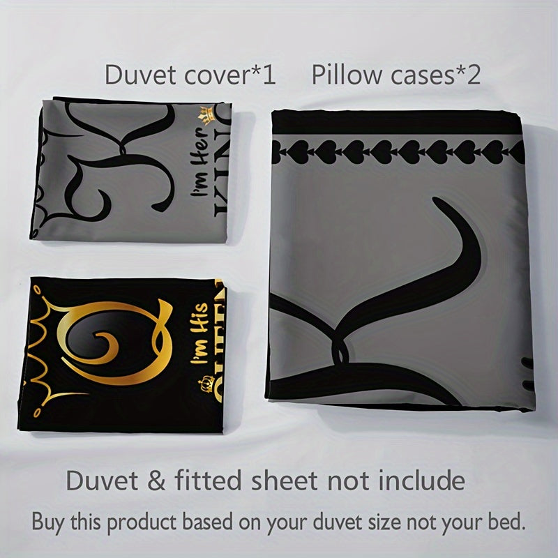 Комплект постельного белья из полиэстера из 3 предметов с цифровой печатью, корона, мотивы, для короля и королевы, всесезонный, комфортный