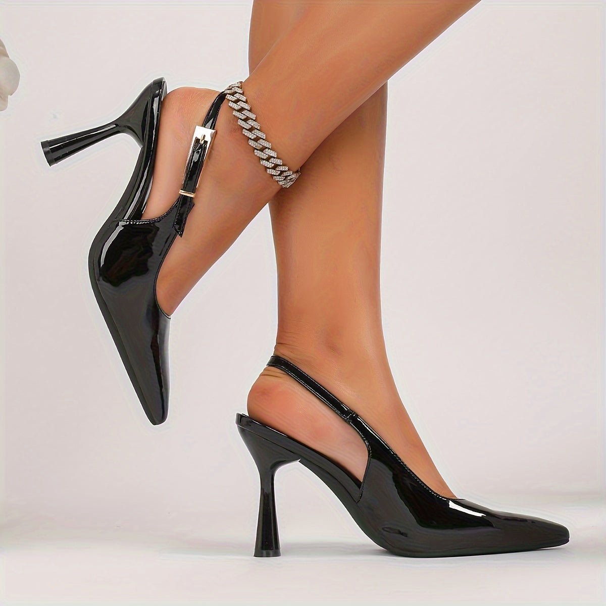 Women's Solid Color Ultrahigh Kitten Heel Pumps with Ankle Strap Square Toe