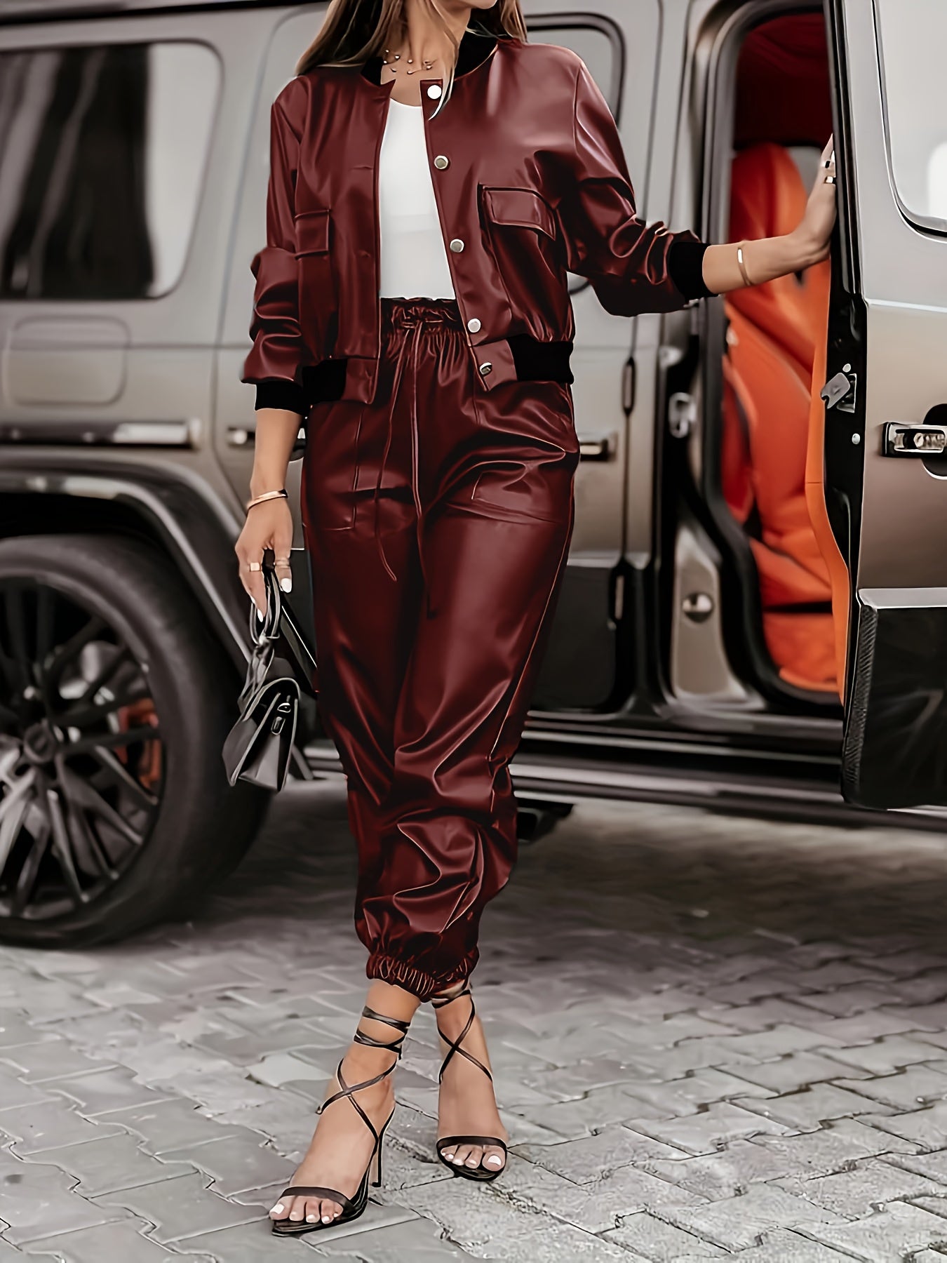 Women's PU Two-Piece Set Long Sleeve Jacket and Pants Solid Color Casual