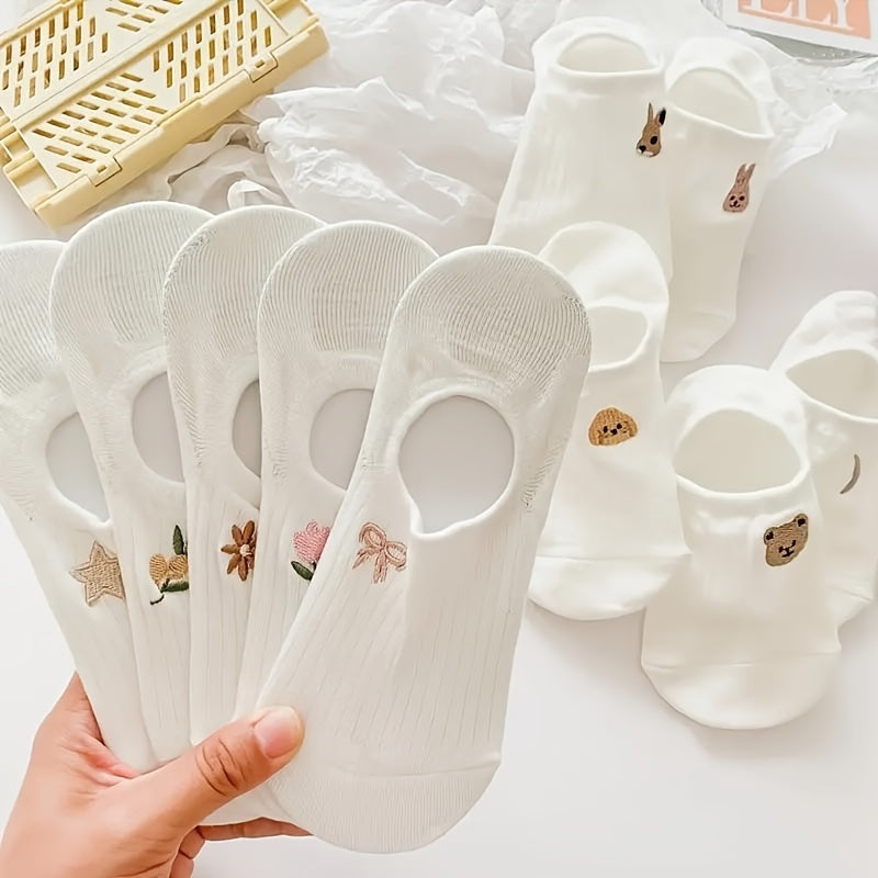 10 Pairs Women's White Ankle Socks with Embroidered Animal Patterns Knit Fabric