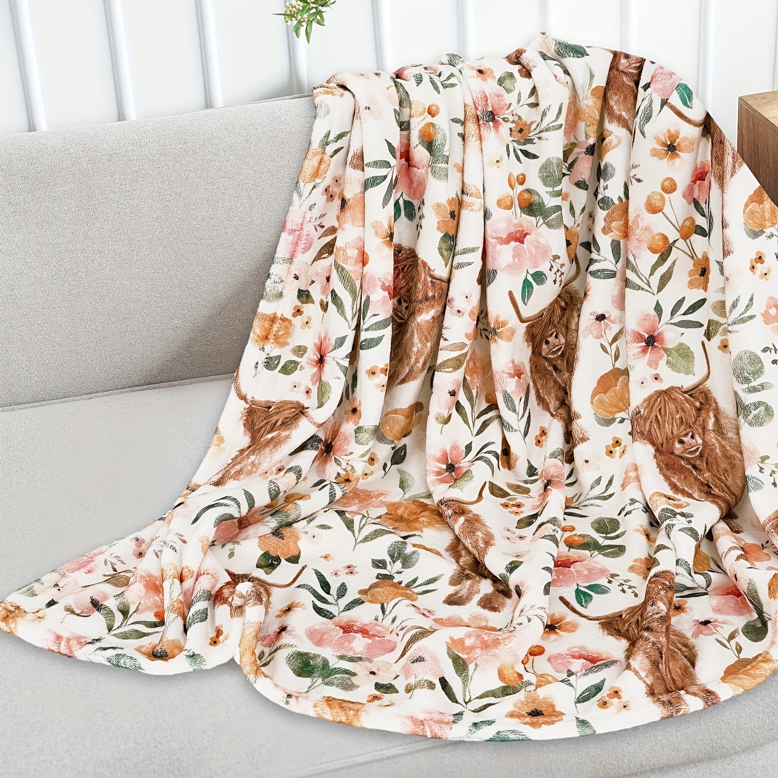 Manta de franela con estampado de vaca de campo y flores acogedora para sofá, cama y viajes