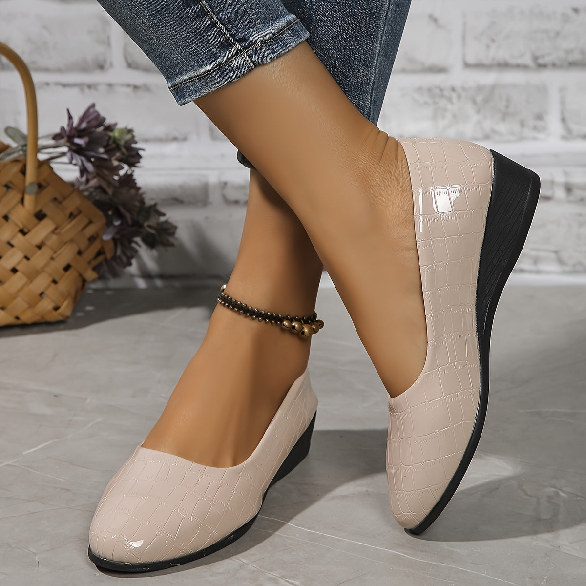 Women's Beige Crocodile-Embossed Wedge Heels Slip-On Comfort Shoes