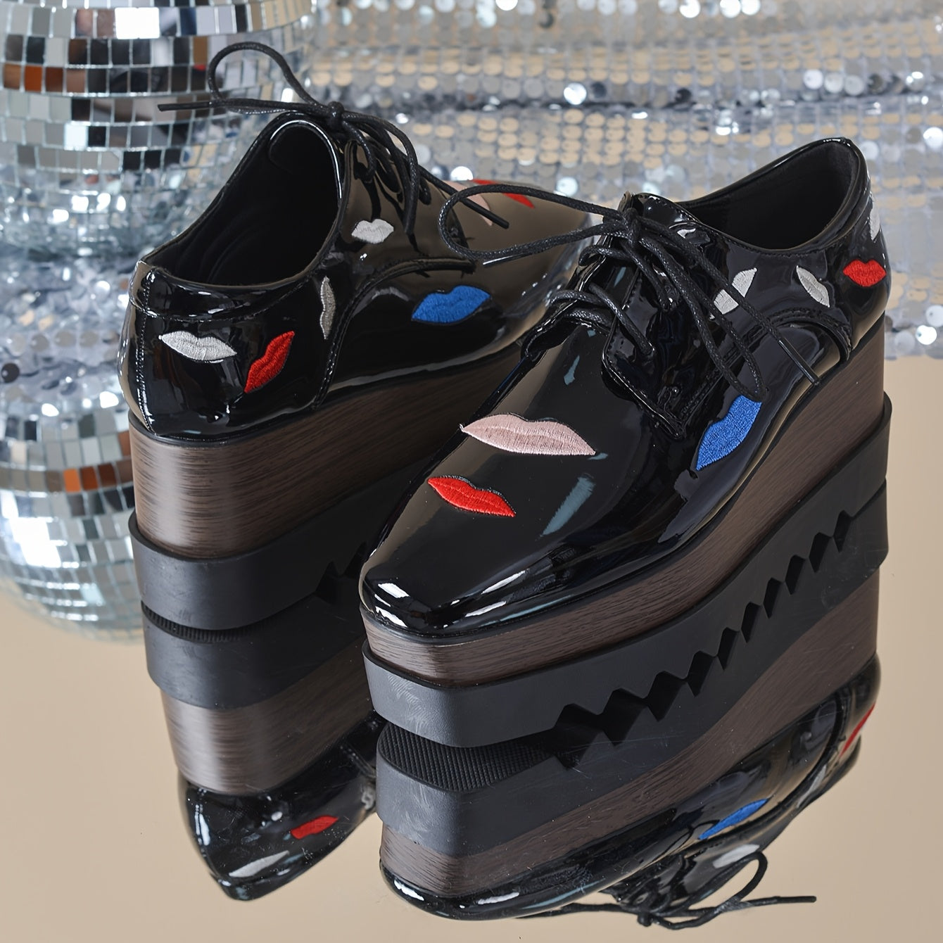 Women's Punk Platform Mary Jane Shoes Black Faux Leather Chunky Heel Lace-Up All-Season Sneakers