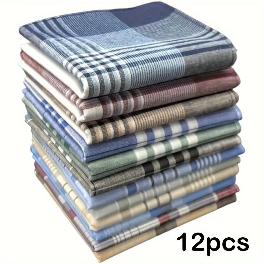 Set of 12 Men's Cotton Handkerchiefs with Plaid Design, Lightweight, Absorbent
