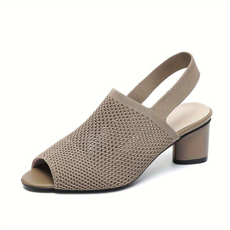 Women's Mesh Peep-Toe Chunky Heel Sandals Slip-On Elastic Ankle Strap Mid Heel
