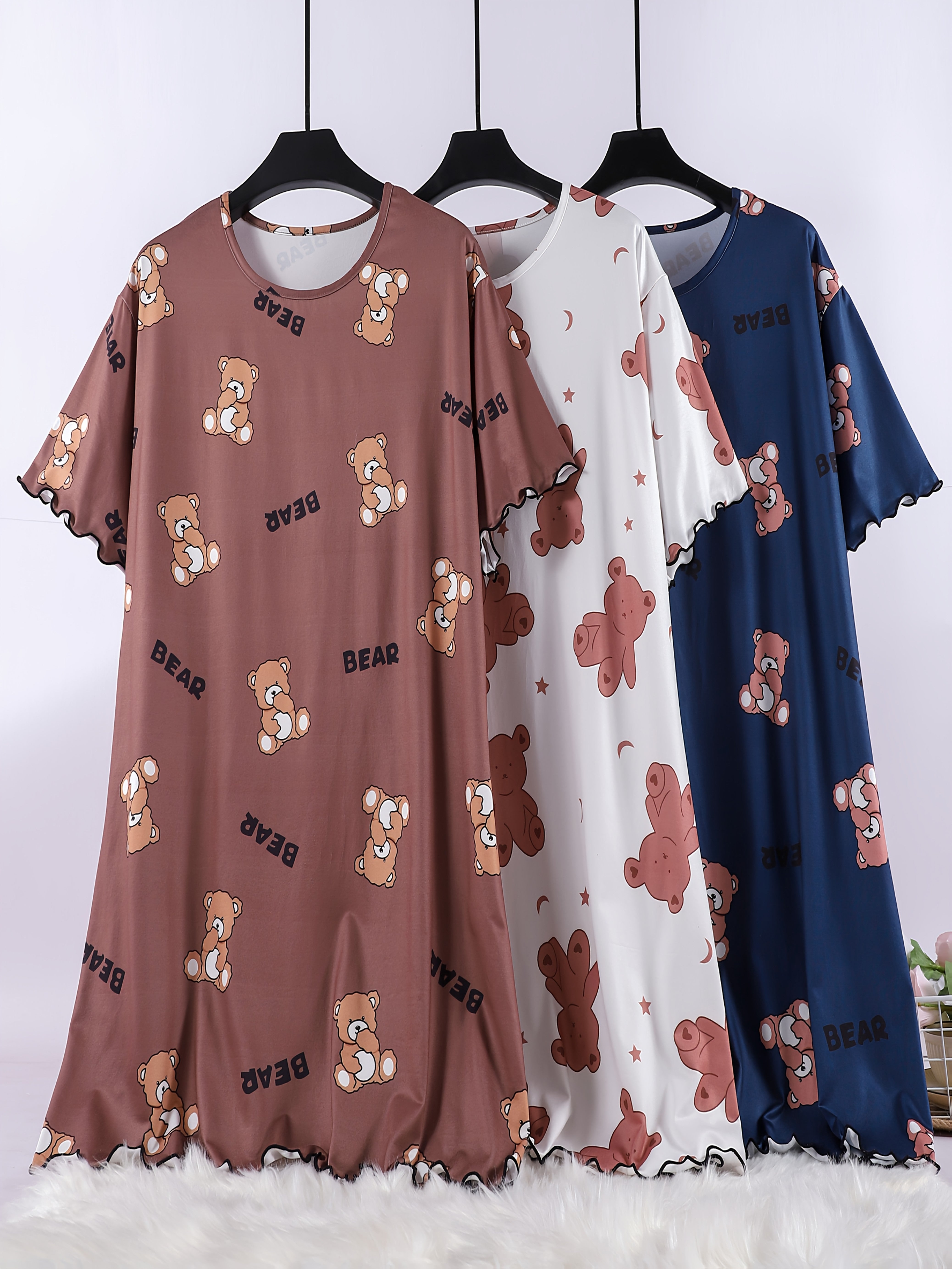 Women's Summer Nightgowns Set of 3 Cotton Short-Sleeve Sleep Dresses