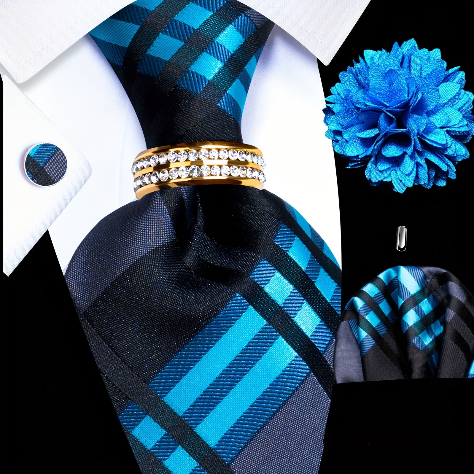 Men's Formal Tie Set with Pocket Square Cufflinks Tie Clip Lapel Pin and Ring for Weddings and Occasions