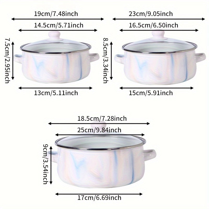 Zamonaviy 3-qismli Mini Emal Qozonlar To'plami - Oshxona va Ovqatlanish uchun Ideal, Qozon, Qovurish Qozoni va Qozon bilan ta'minlangan