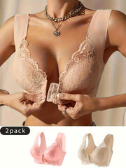 Women Lace Bra Set Front Closure V-Neck Black Red Mesh Comfortable Daily