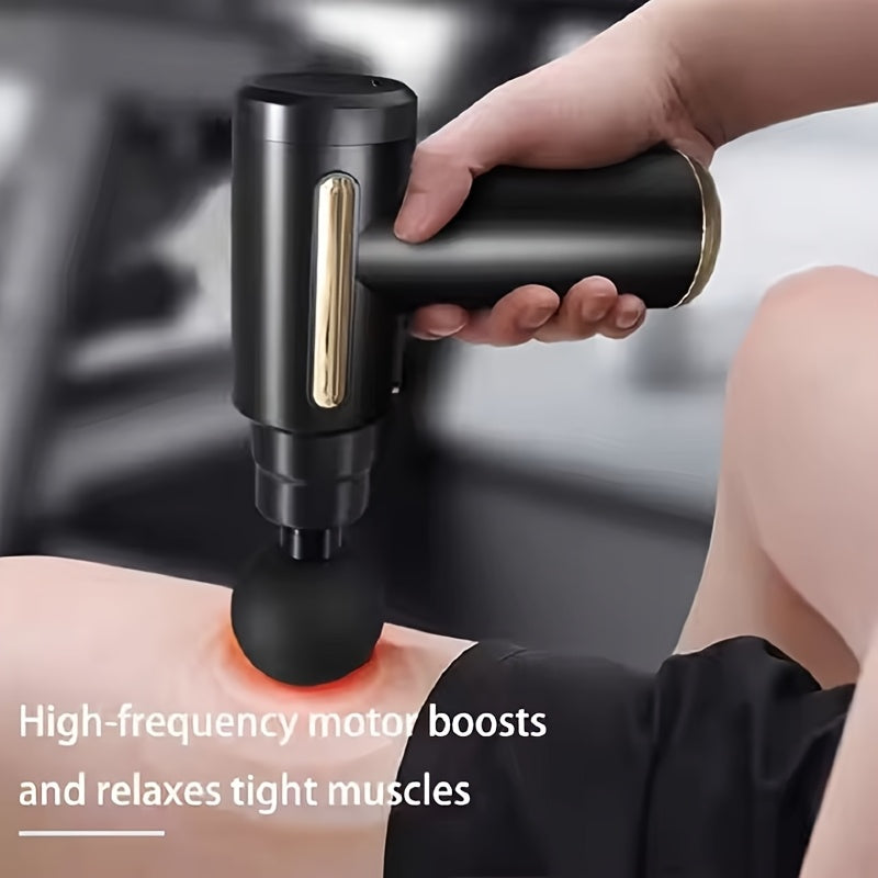 Black Rechargeable Massage Gun with 4 Heads High-Intensity Vibration for Back and Neck Relief