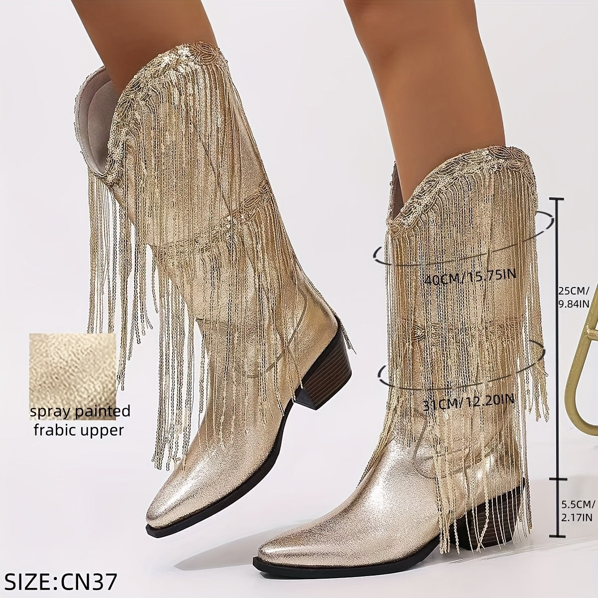 Women's Solid Color Western Cowboy Boots with Tassels and Chunky Heels