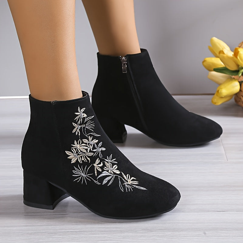 Women's Flower Pattern Chunky Heel Ankle Boots Square Toe Zipper