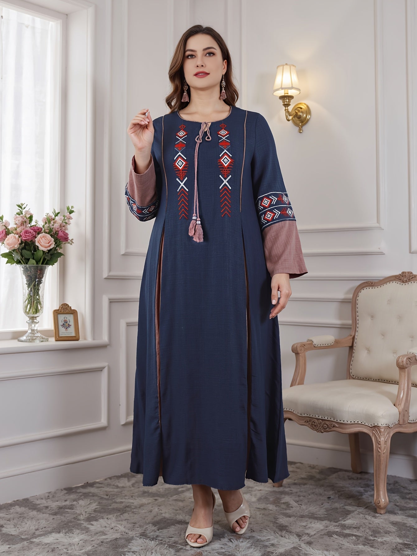 Plus Size Navy Blue V-Neck Maxi Dress With Red White Embroidery