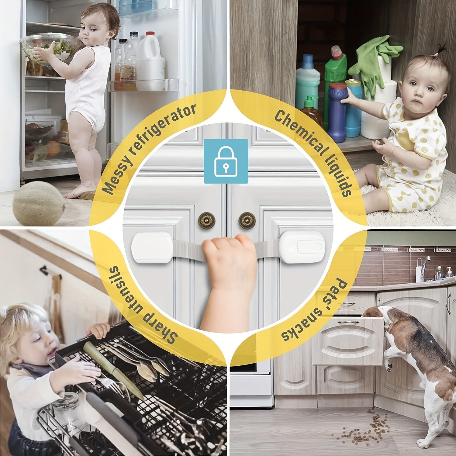 Set of 4 Child Safety Locks Adjustable Cabinet Drawer Latches No Drilling White Plastic