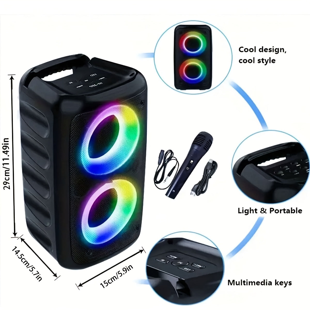 Wireless Portable Speaker with Microphone LED Lights 2400mAh Battery for Home Parties and Camping