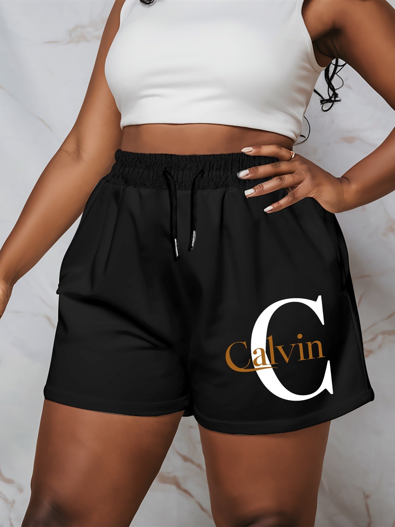 Шорты для женщин больших размеров с графическим принтом, повседневные летние пляжные спортивные шорты Black с золотыми буквами