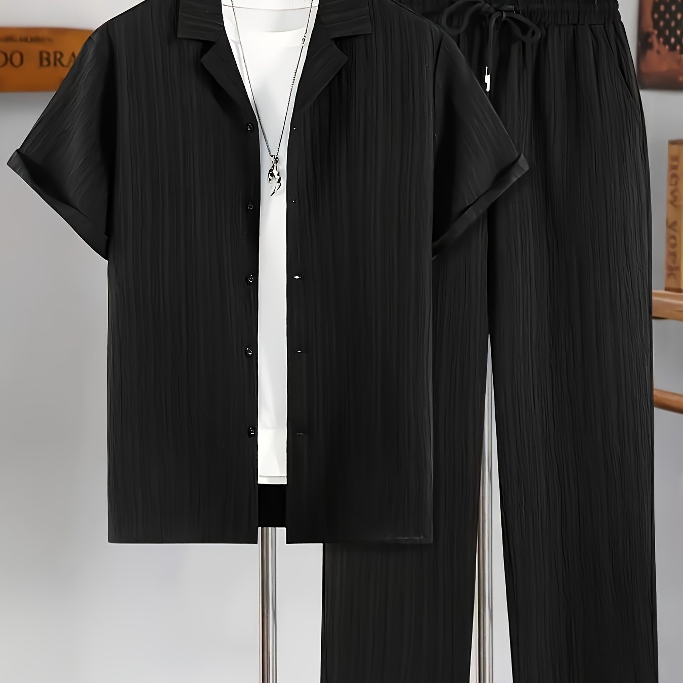 Men's Casual 2-Piece Set Short-Sleeve Cuban Collar Shirt and Drawstring Pants Polyester Blend Spring Fall