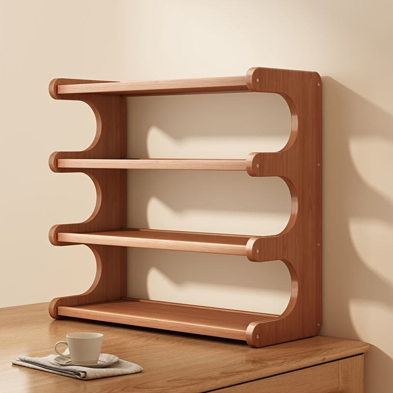 Soporte de escritorio de bambú curvado, 4 capas, organizador de encimera que ahorra espacio