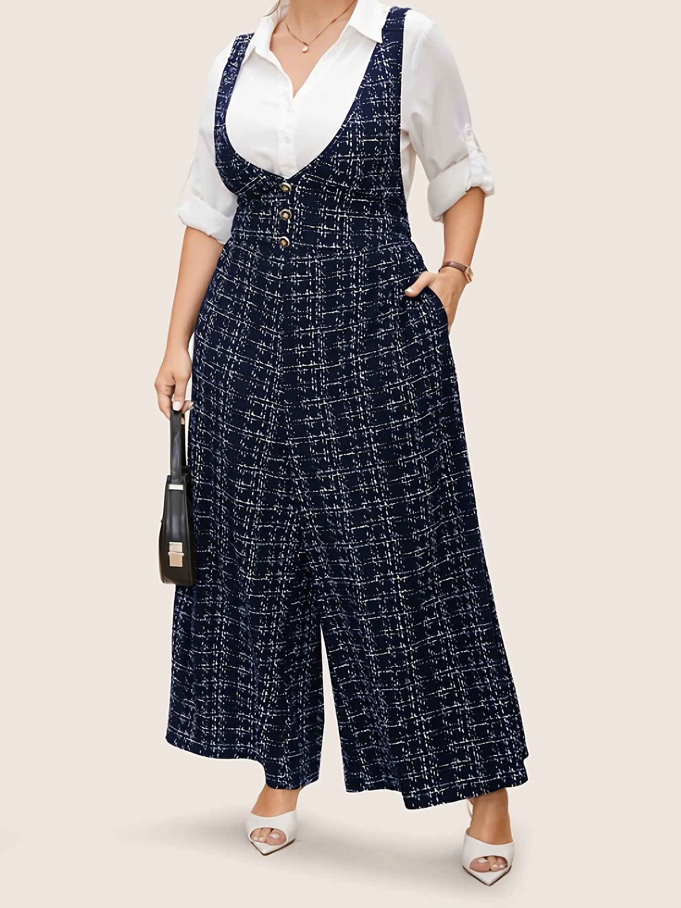 Plus Size Sleeveless Plaid Cross-Back Jumpsuit with Button Print