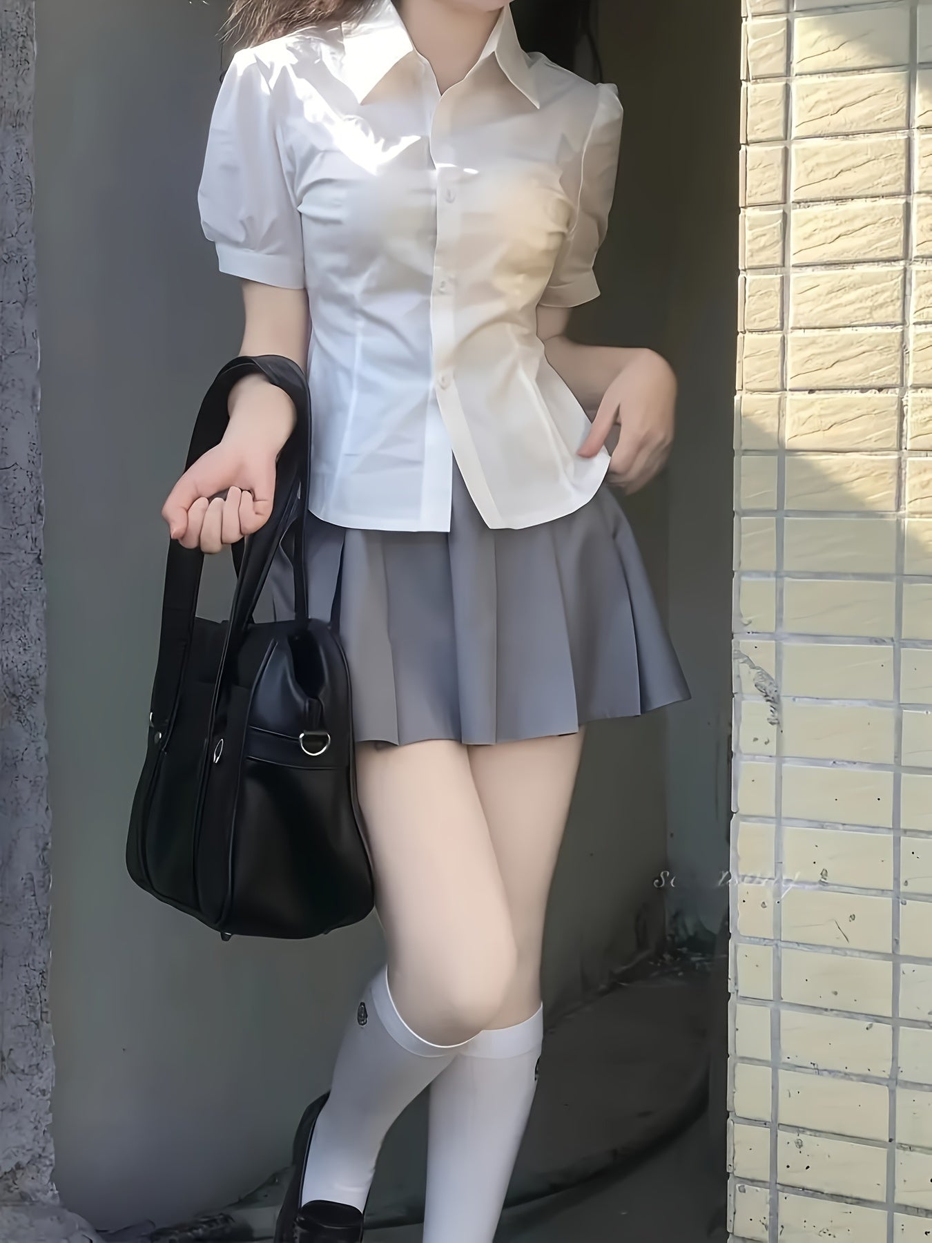 Solid Color Short Sleeve Button Front Blouse with Tie Back for Teen Summer