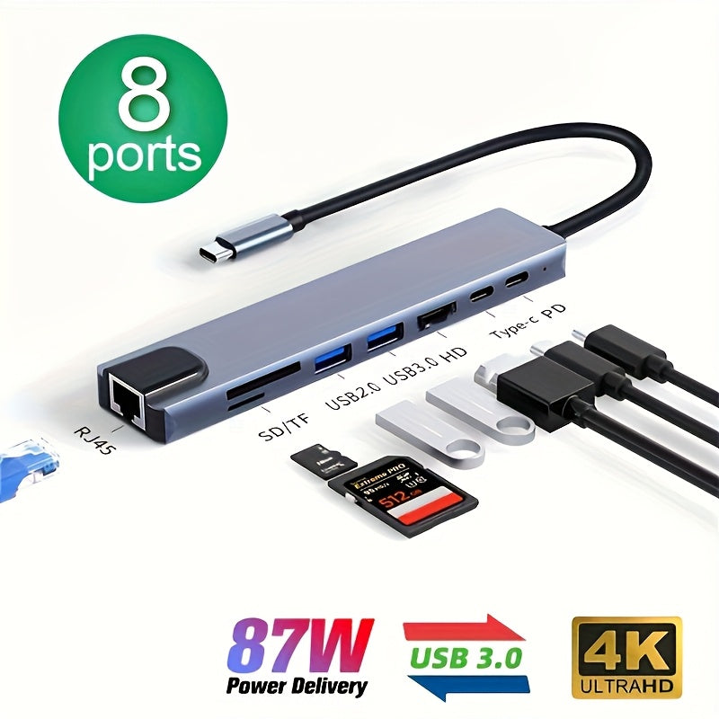 Hub USB C 8-en-1 con entrega de potencia de 87W, Ethernet, lector de tarjetas SD TF, 4K Ultra HD