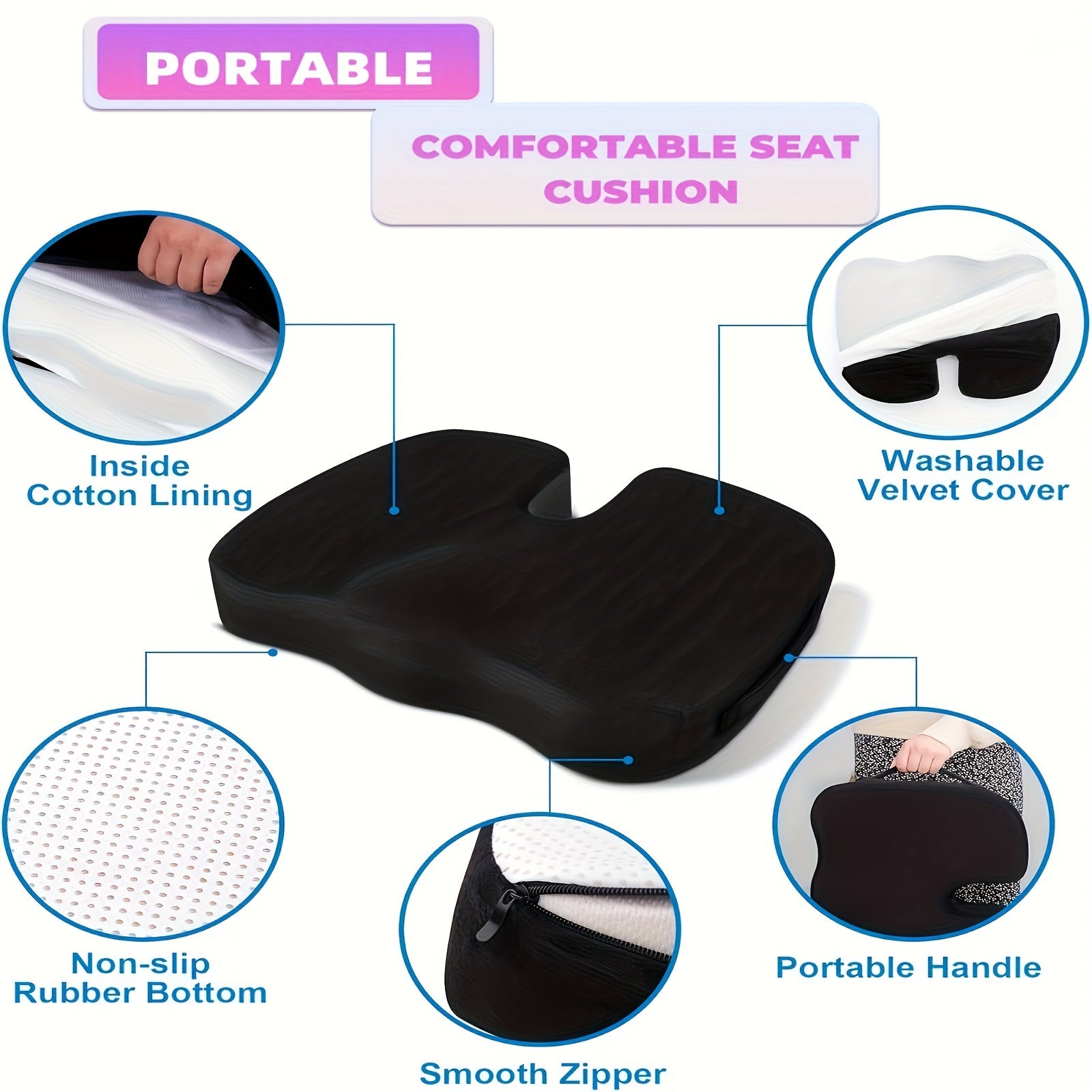 Memory Foam Seat Cushion for Office Car Travel Coccyx Back Pain Relief Black