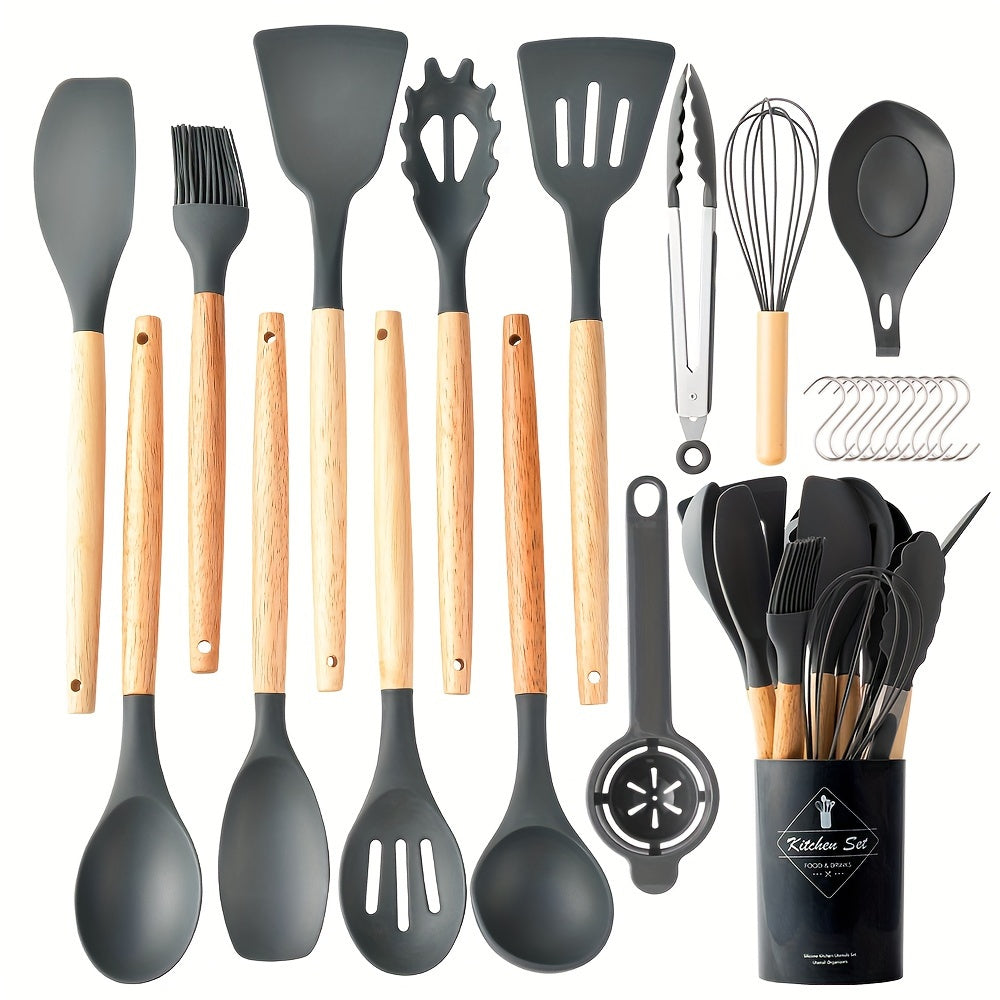 Silicone Kitchen Utensil Set 24 Pieces with Wooden Handles for Cooking Baking