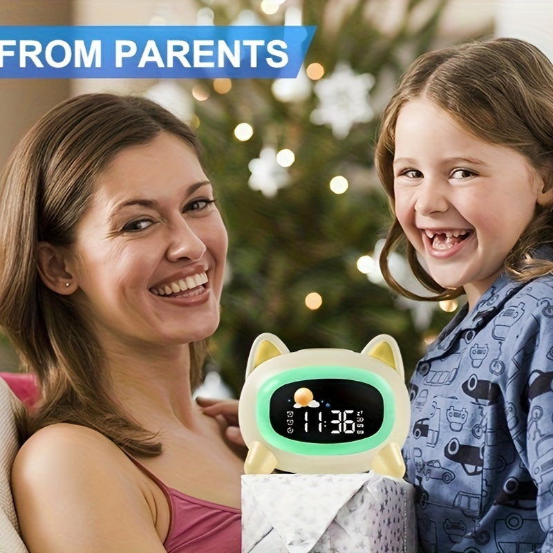 3-8 yoshdagi bolalar uchun yumaloq shakldagi va oq rangli sariq multfilm hayvon soat. 1800mAh litiy batareyasi bilan USB orqali zaryadlanadi. Uydan uyg'onish imkoniyati, ko'p rangli tun chirog'i va oq shovqinli uyqu melodiyalari mavjud.
