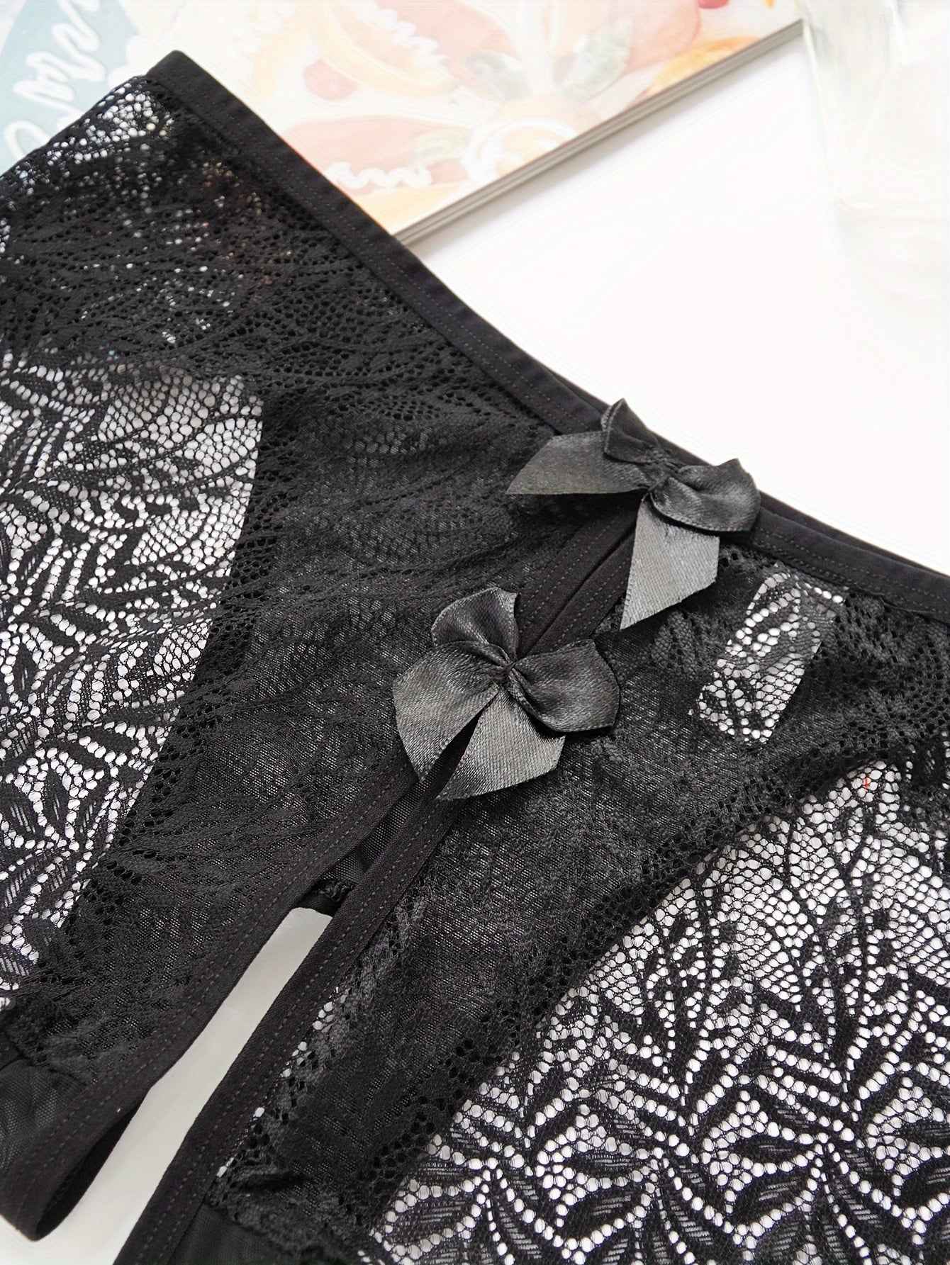 Women's Crotchless Lace Briefs with Butterfly Design and Bow Solid Color Lingerie