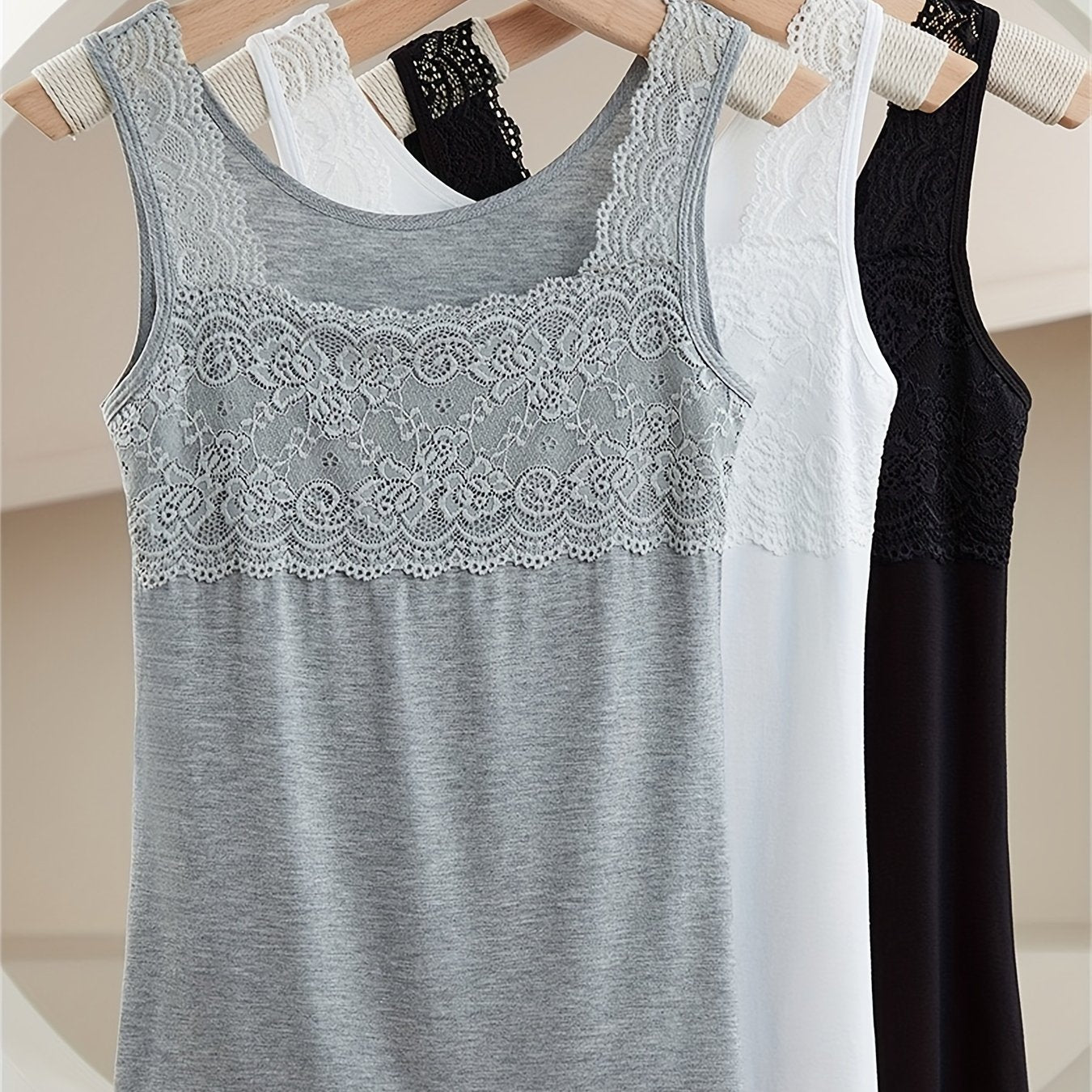 Women's Tank Top Set with Contrast Lace, All-Match Solid Cotton Vest