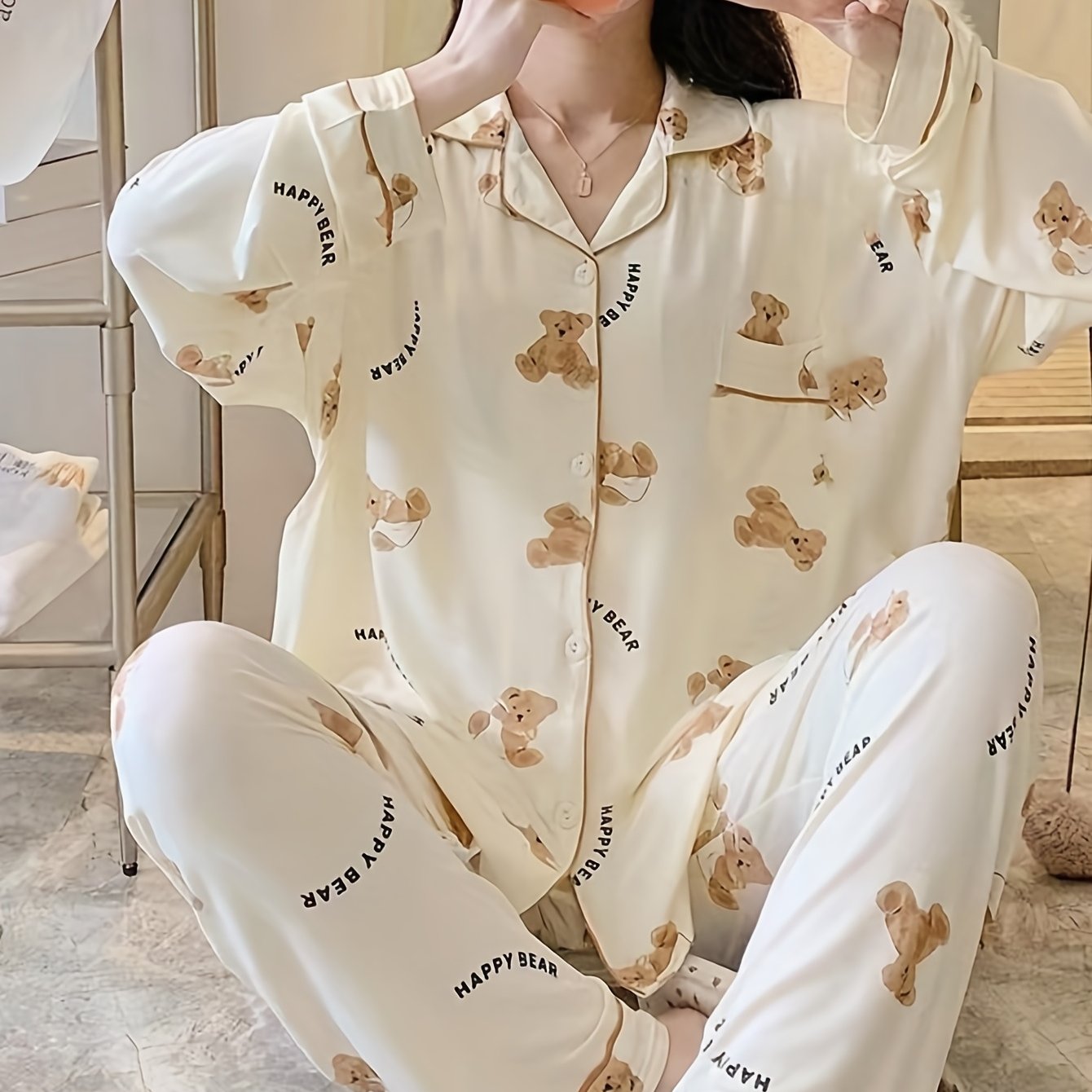 Women's Cartoon Bear Print Pajama Set Long Sleeve Blouse and Elastic Waist Pants