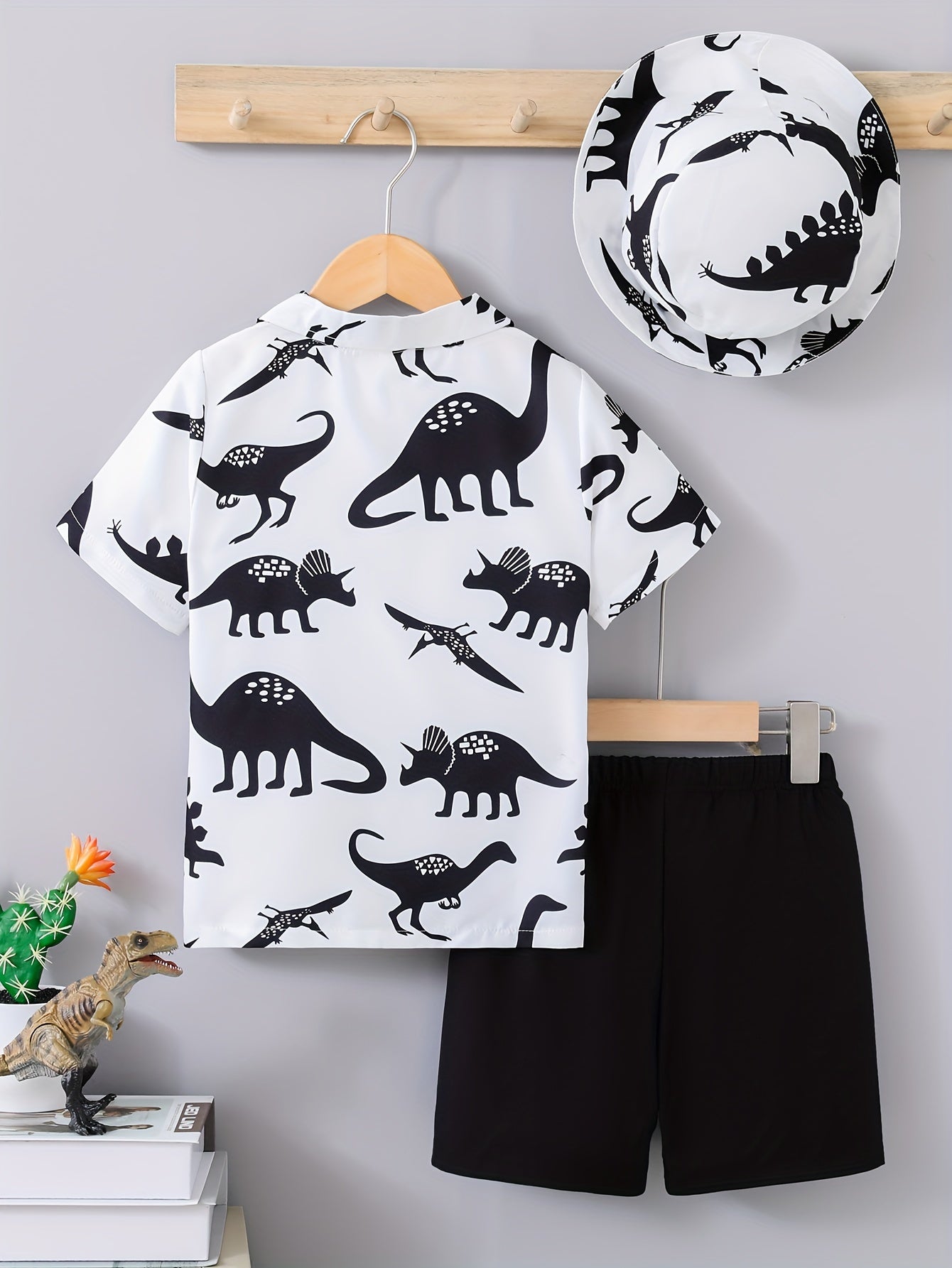 Kids Boys Summer Dinosaur 3-Piece Set Shirt Hat Shorts Casual Vacation Outdoor