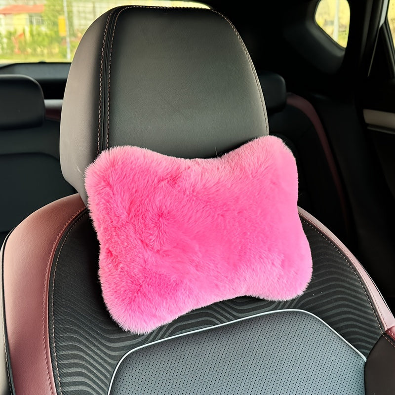 Car Headrest and Lumbar Pillow Pink Plush All-Season Neck and Lower Back Support