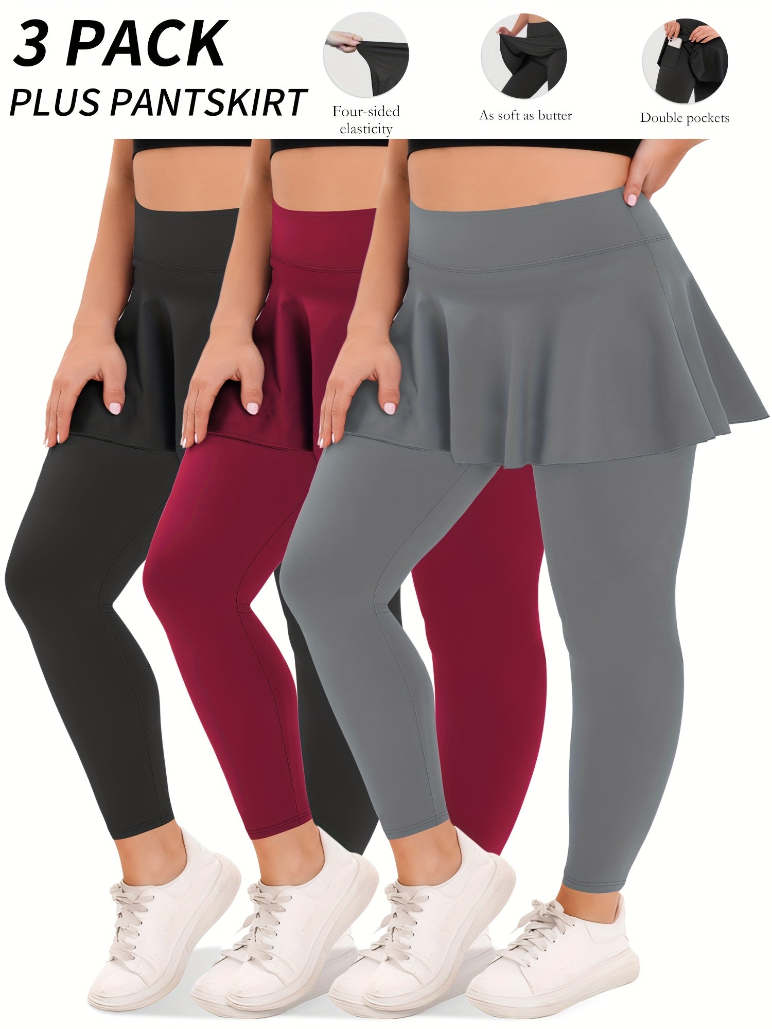 Plus Size Women Tennis Skirted Leggings with Pockets Capris Yoga Wear