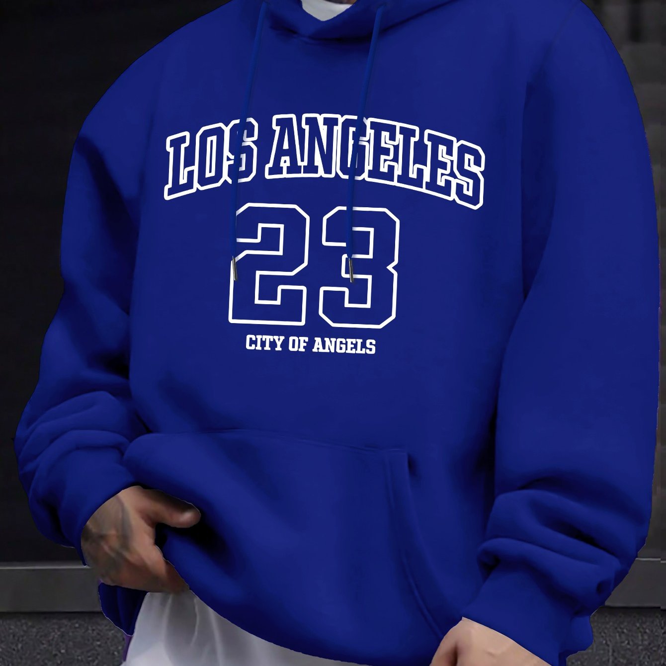 Men's Navy Blue Geometric Pattern Hoodie with Drawstring Hood and Kangaroo Pocket