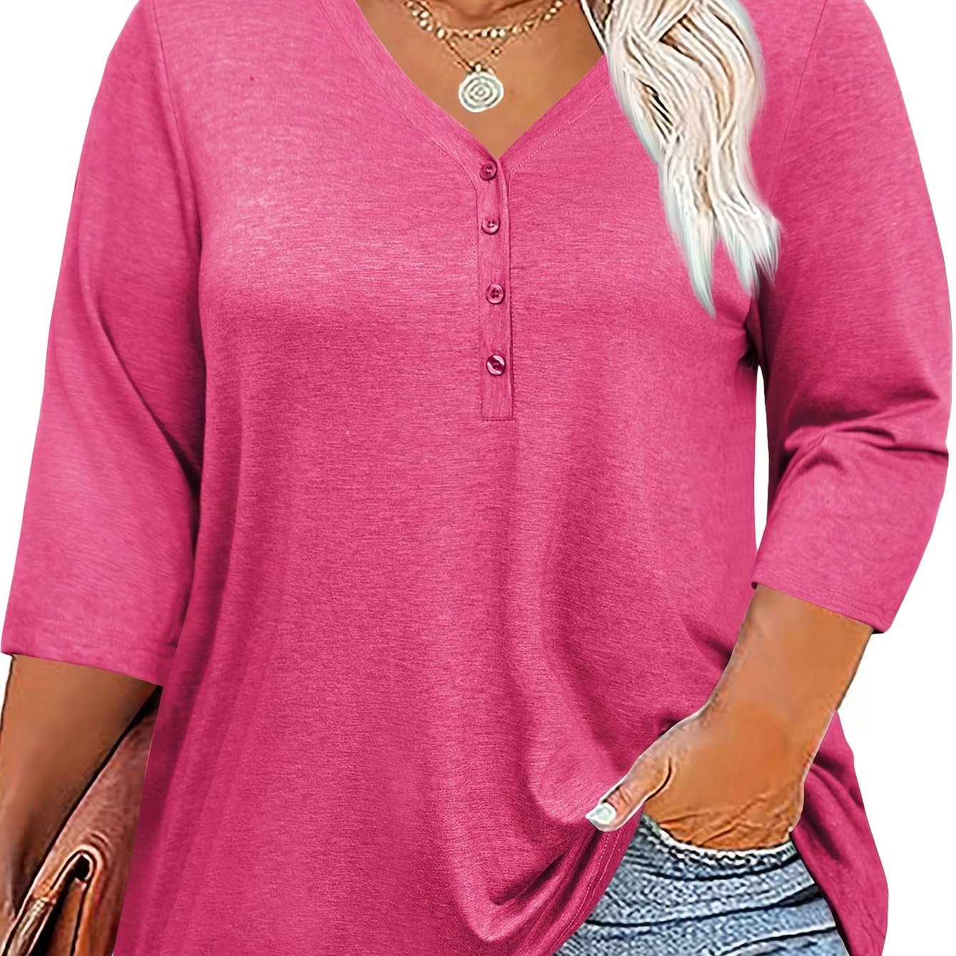 Women's Plus Size V-Neck Tunic Top 3/4 Sleeve Button Front Casual Breathable