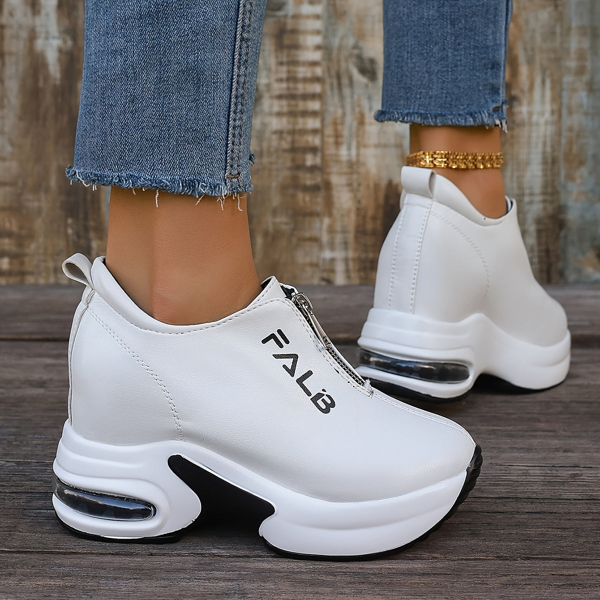 Women's Fashion Sneakers with Air Cushion Zipper Closure Solid Low Top Rubber Sole