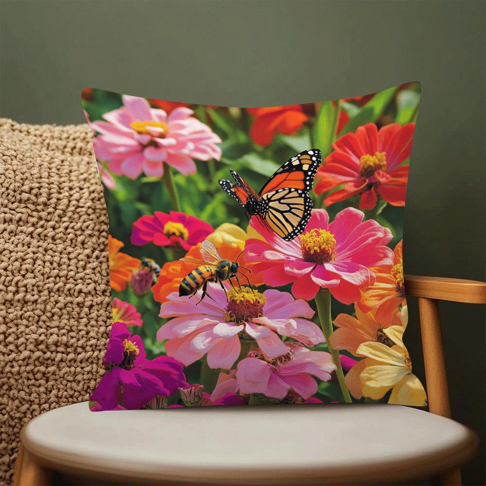 Zinnia Flower and Butterfly Throw Pillow Cover Polyester Zipper Closure All-Season Sofa Decor