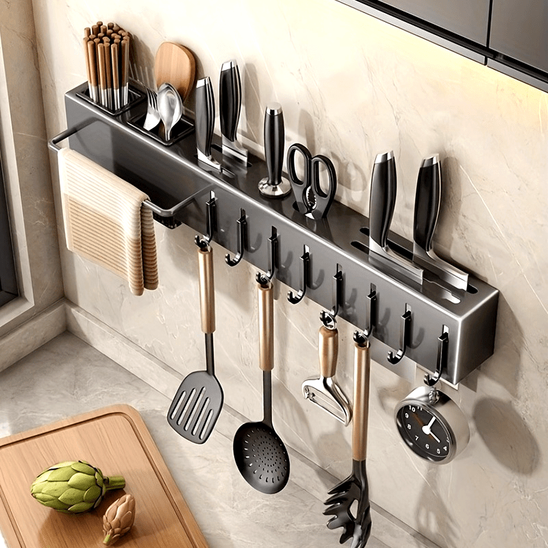 Stainless Steel Wall-Mounted Kitchen Organizer with Towel Bar Hooks and Cutlery Holder