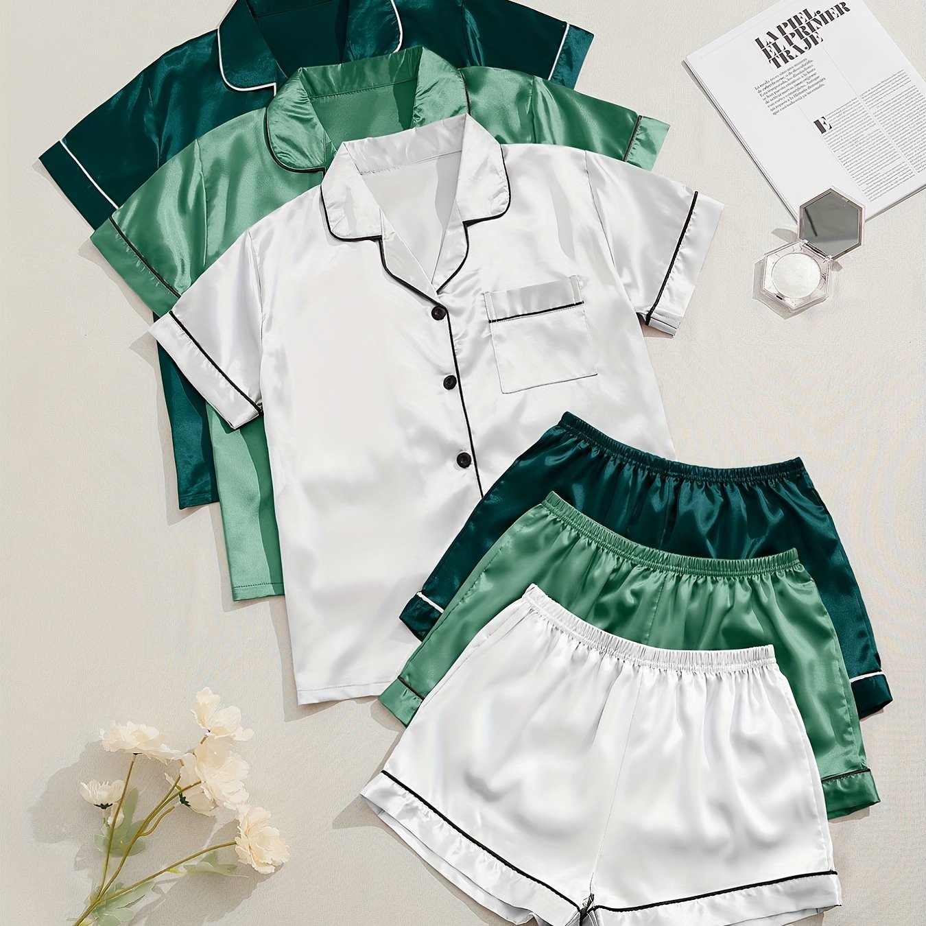 Women's Satin Pajama Set Short Sleeve Top and Elastic Waist Shorts Sleepwear Lounge Wear