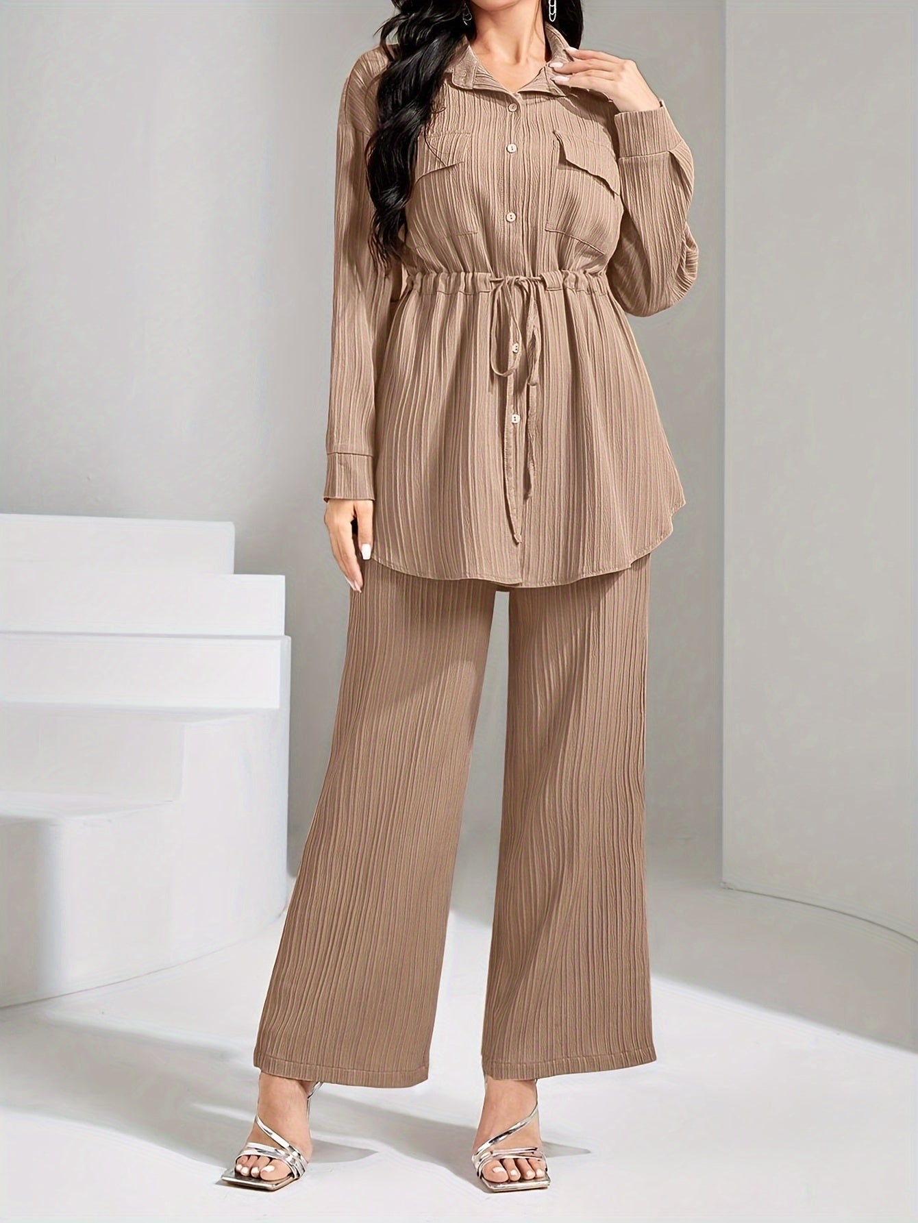 Women's Polyester Suit with Lapel Collar Solid Color Woven Fabric Long Sleeve Wide Leg Pants for Spring Fall