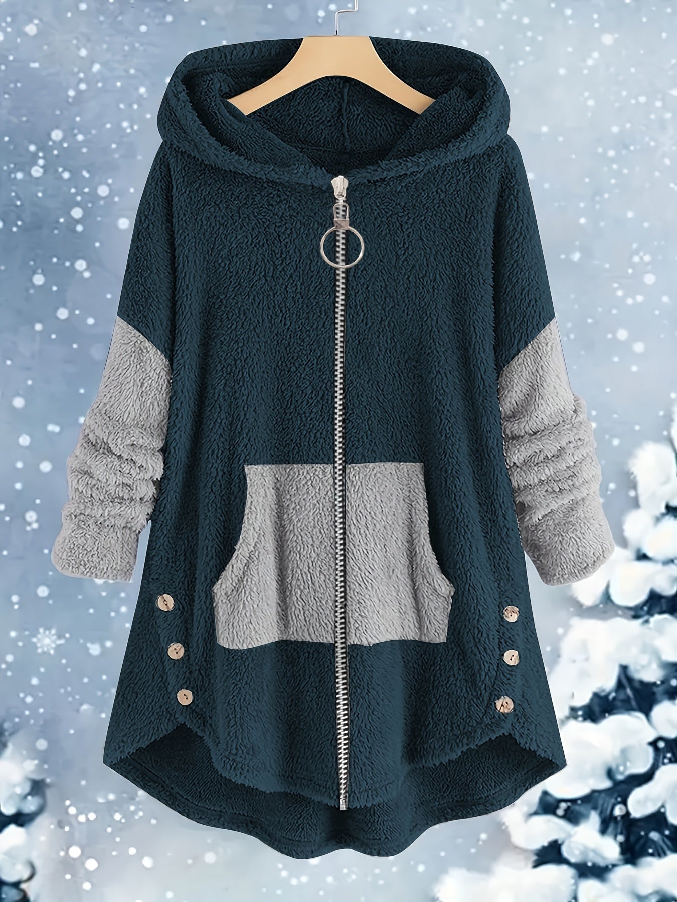 Ayollar uchun ikki qismli to'plam: Katta o'lchamdagi rangli blokli mo'ynali palto va mos keladigan sport shimlari