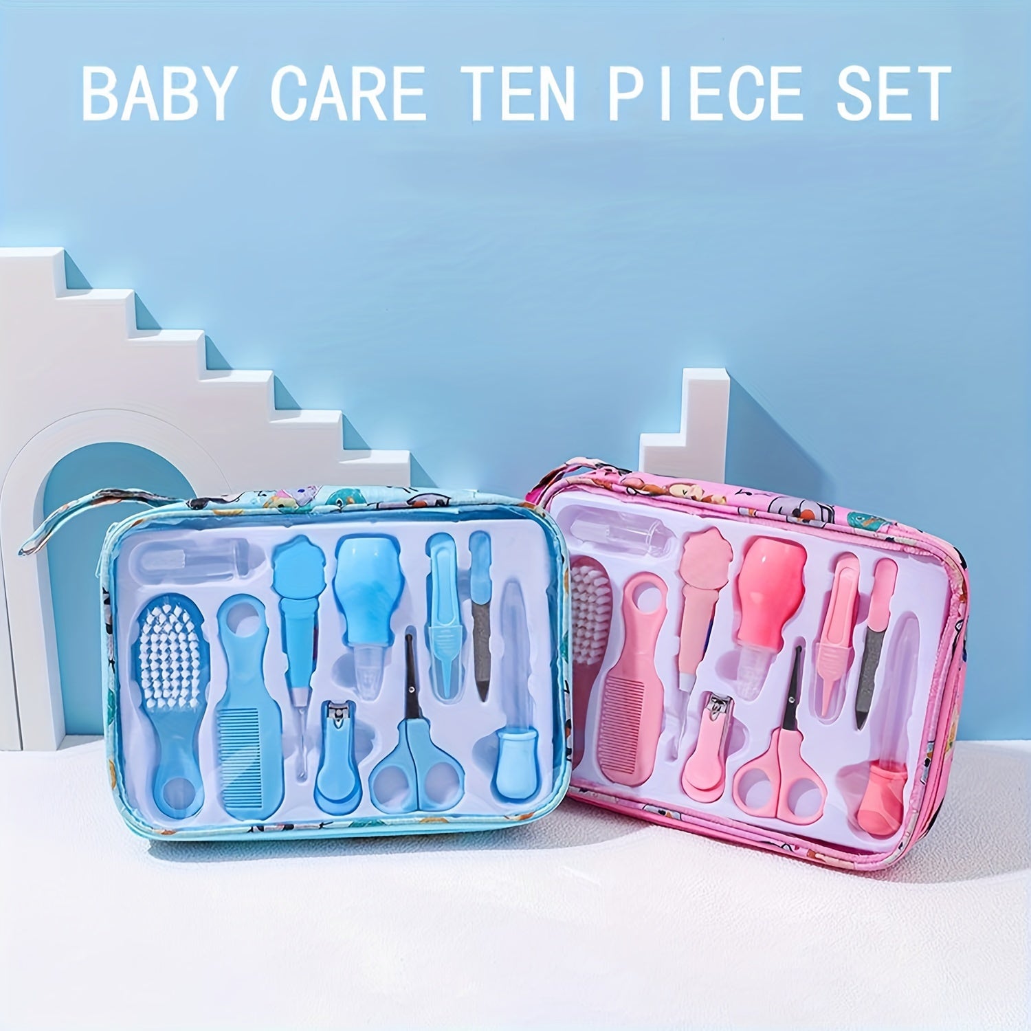 Baby Care Kit Set of 10 Pieces for Newborns with Ear-Picking Spoon Nail Clippers Comb Brush and Medicine Feeder
