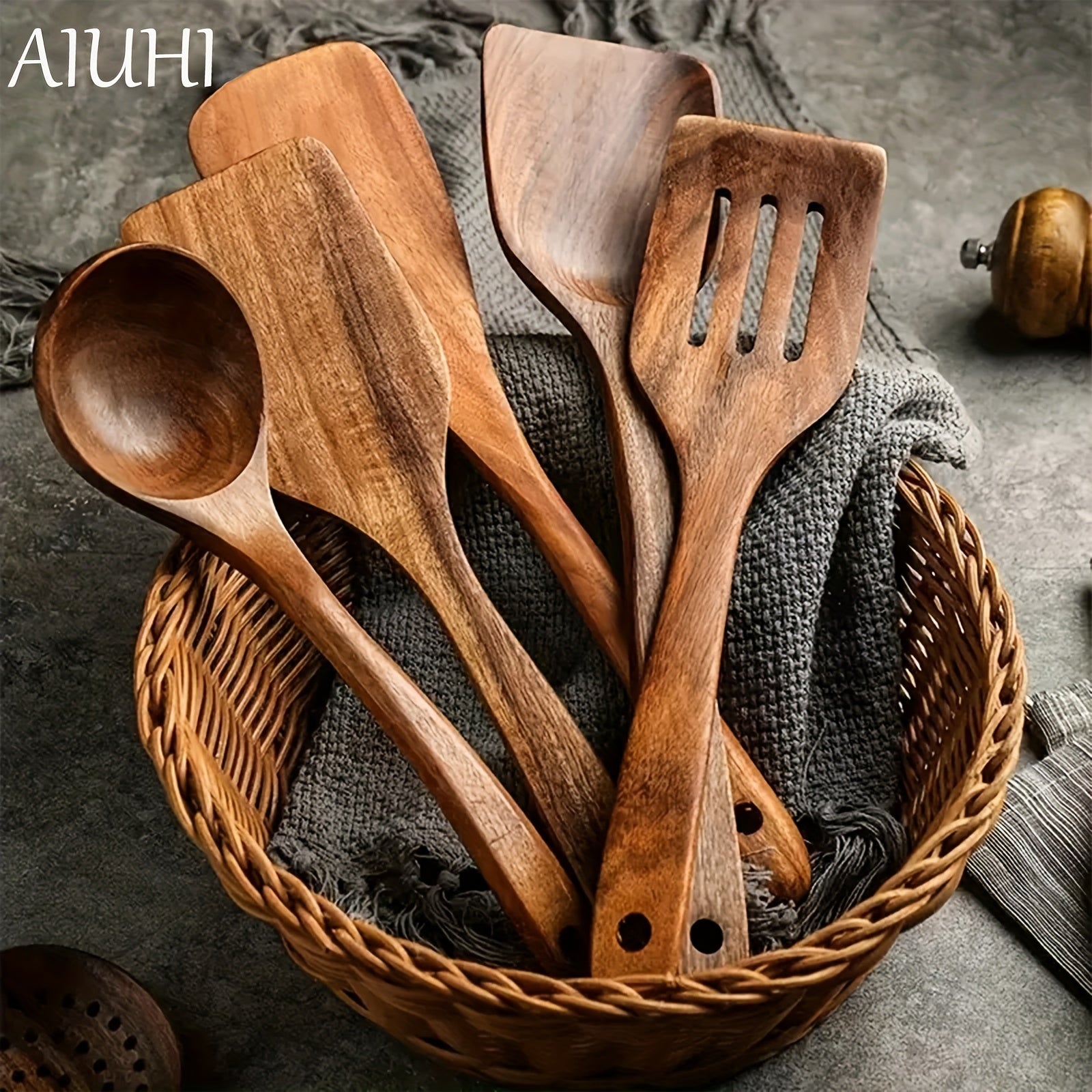 Set of 6 Wooden Spoons and 5 Kitchen Utensils for Cooking in Classic Wooden Design