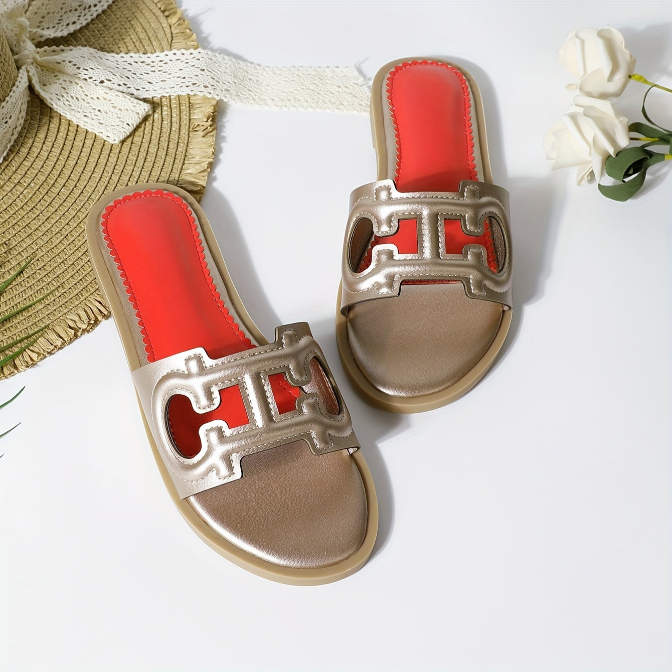 Women's Black Flat Sandals with Red Accents Slip-On Summer Casual