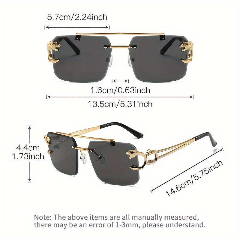 Men's Square Frameless Sunglasses with Gold Tiger Head Decoration for Driving and Eye Protection