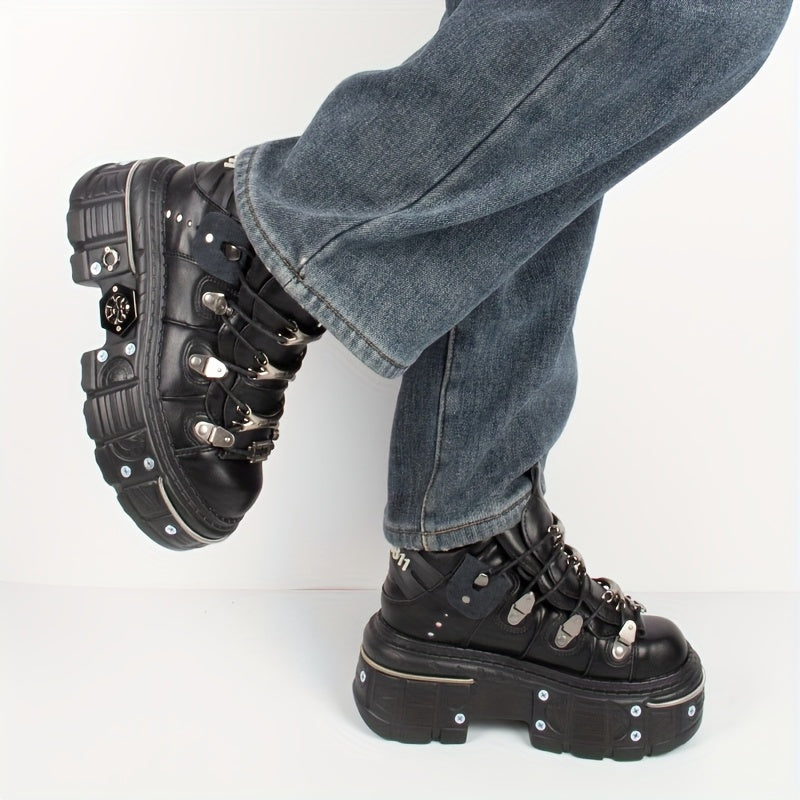 Women's Black Punk Platform Sneakers High Heel Round Toe Outdoor Shoes