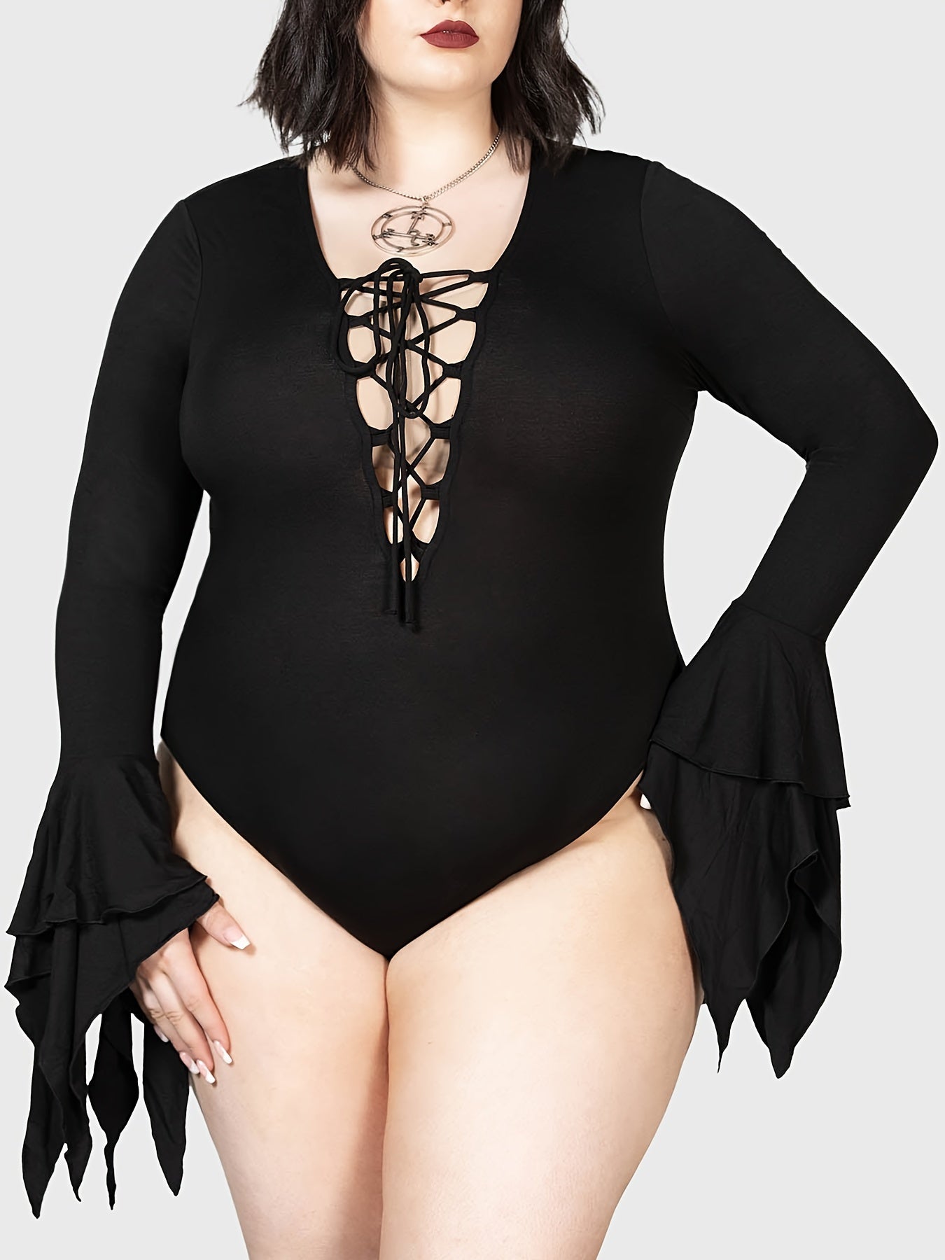 Women's Plus Size Lace Up Front Bodysuit with Asymmetrical Cuffs